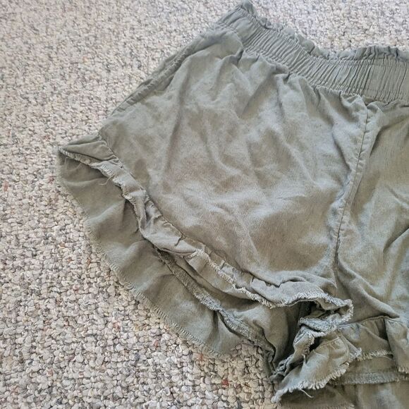 Aerie Olive Green Raw Ruffle Hem Linen Blend Shorts Size Large - Picture 3 of 5